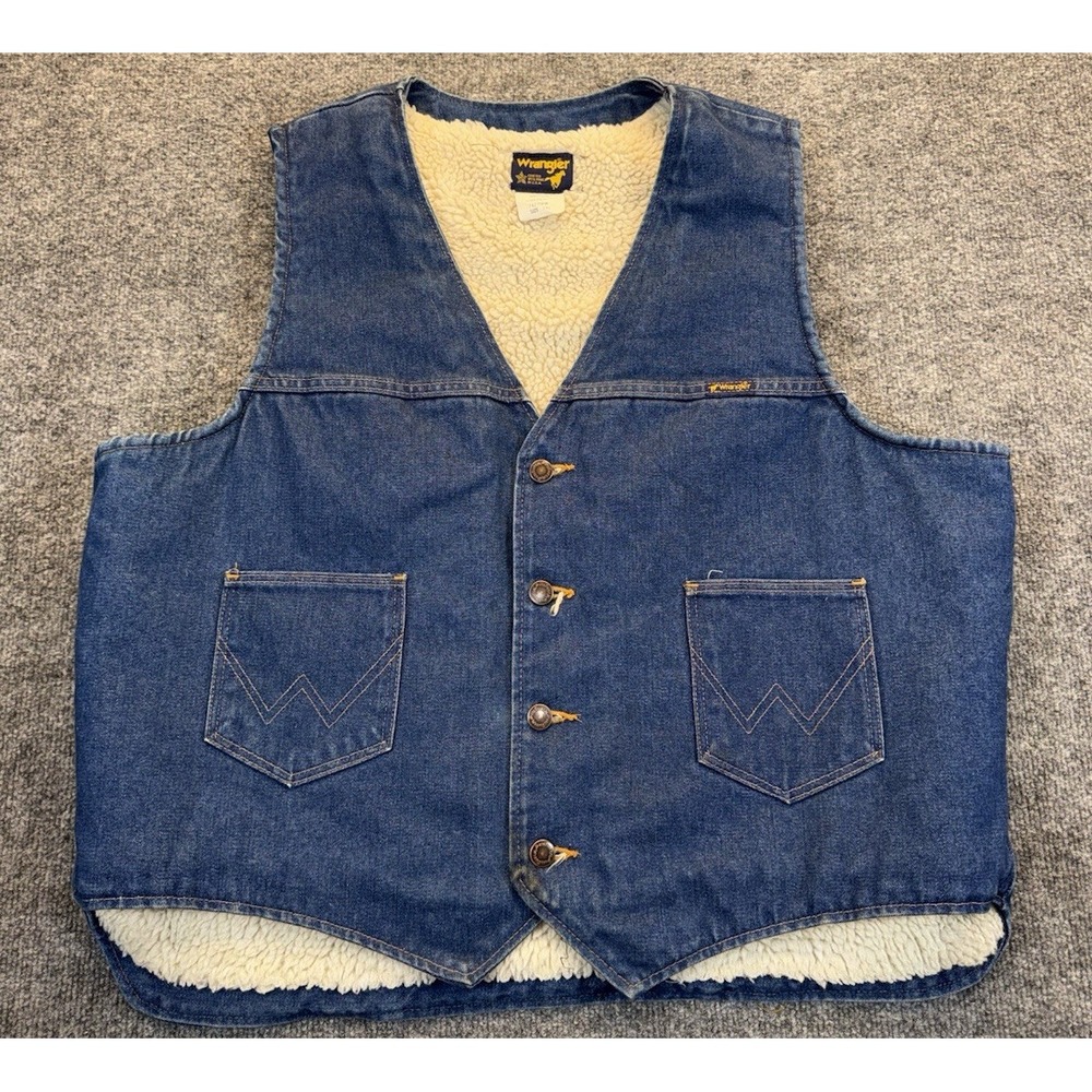 Wrangler Vintage Sherpa Lined Denim Vest Men's Size XXL Western USA Made